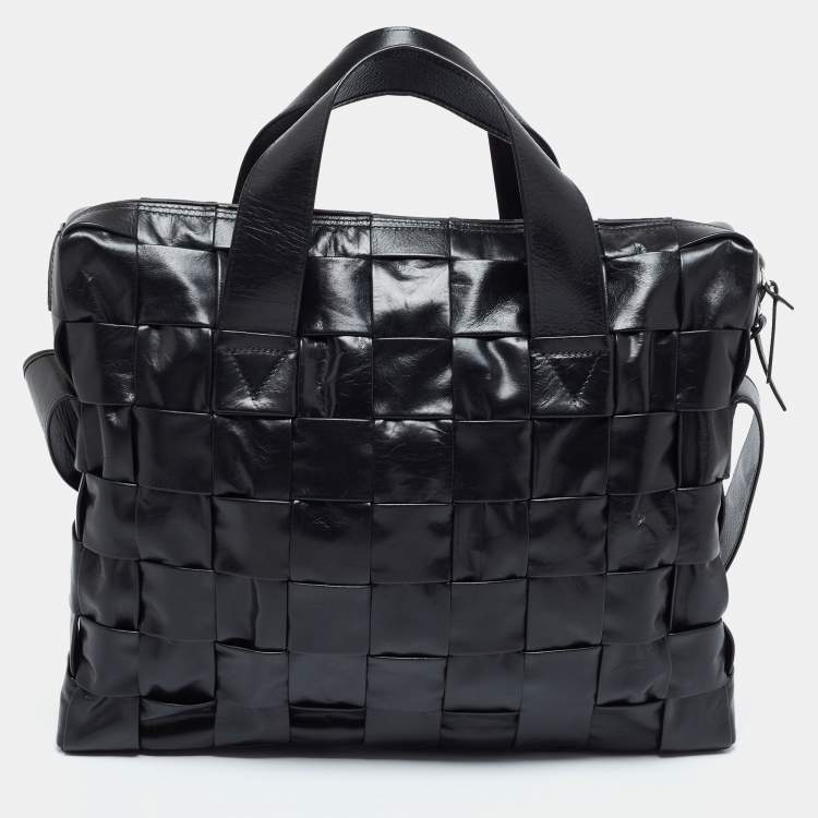 Pre Owned Bottega Veneta Black Intrecciato Leather Cassette Briefcase Bag