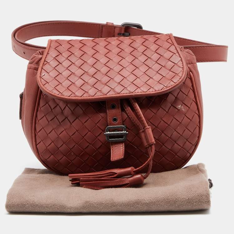Pre Owned Bottega Veneta Brown Intrecciato Leather Flap Tassel Belt Bag