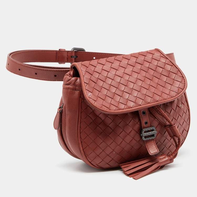 Pre Owned Bottega Veneta Brown Intrecciato Leather Flap Tassel Belt Bag
