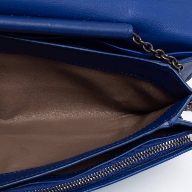 Pre Owned Bottega Veneta Blue Intrecciato Leather Flap Wallet On Chain