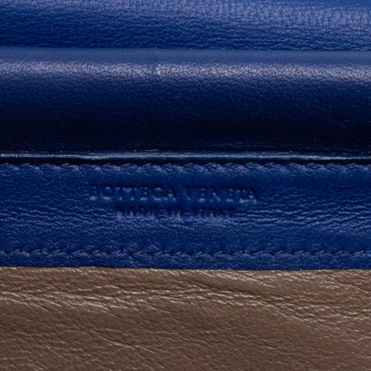 Pre Owned Bottega Veneta Blue Intrecciato Leather Flap Wallet On Chain