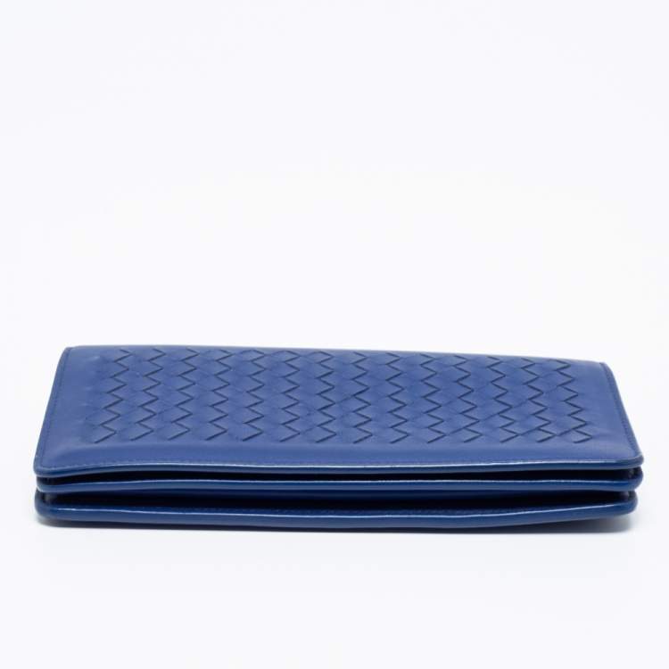 Pre Owned Bottega Veneta Blue Intrecciato Leather Flap Wallet On Chain