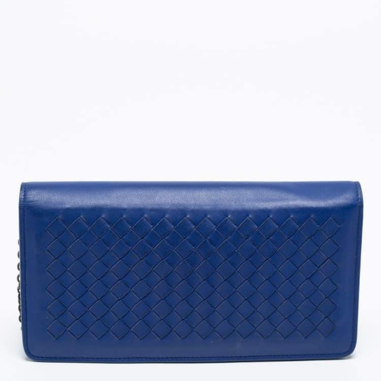 Pre Owned Bottega Veneta Blue Intrecciato Leather Flap Wallet On Chain