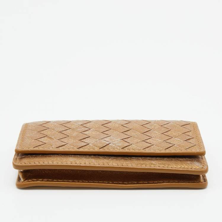 Pre Owned Bottega Veneta Gold Intrecciato Leather Business Card Case