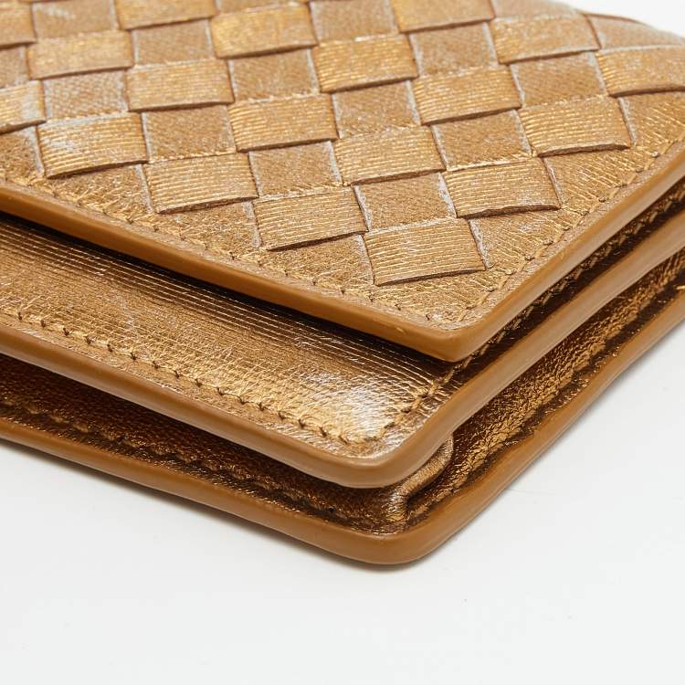 Pre Owned Bottega Veneta Gold Intrecciato Leather Business Card Case