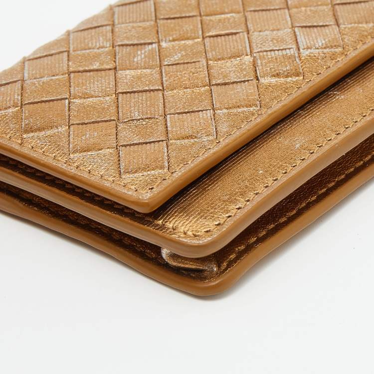 Pre Owned Bottega Veneta Gold Intrecciato Leather Business Card Case