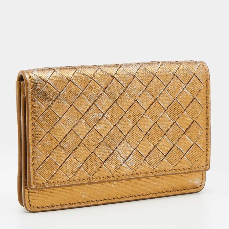 Pre Owned Bottega Veneta Gold Intrecciato Leather Business Card Case