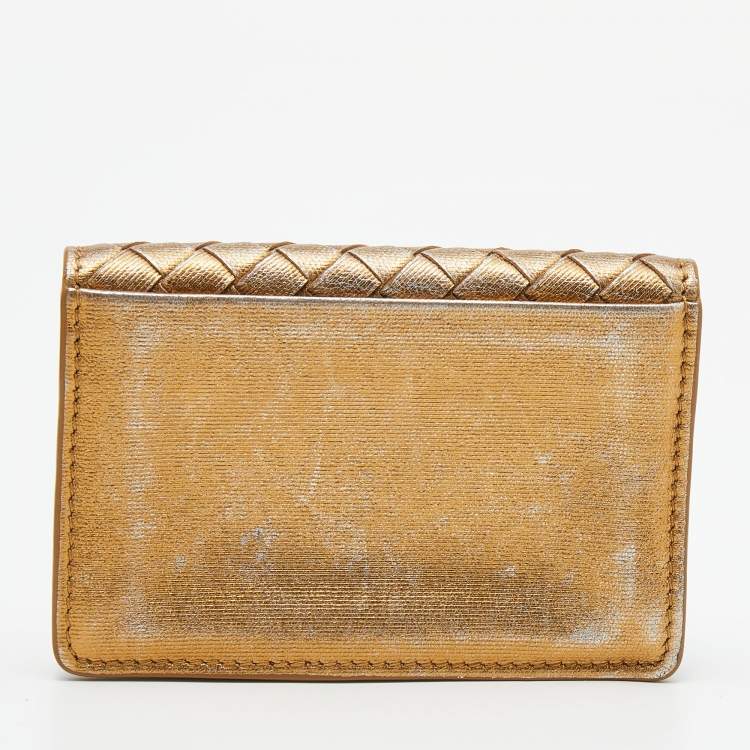 Pre Owned Bottega Veneta Gold Intrecciato Leather Business Card Case