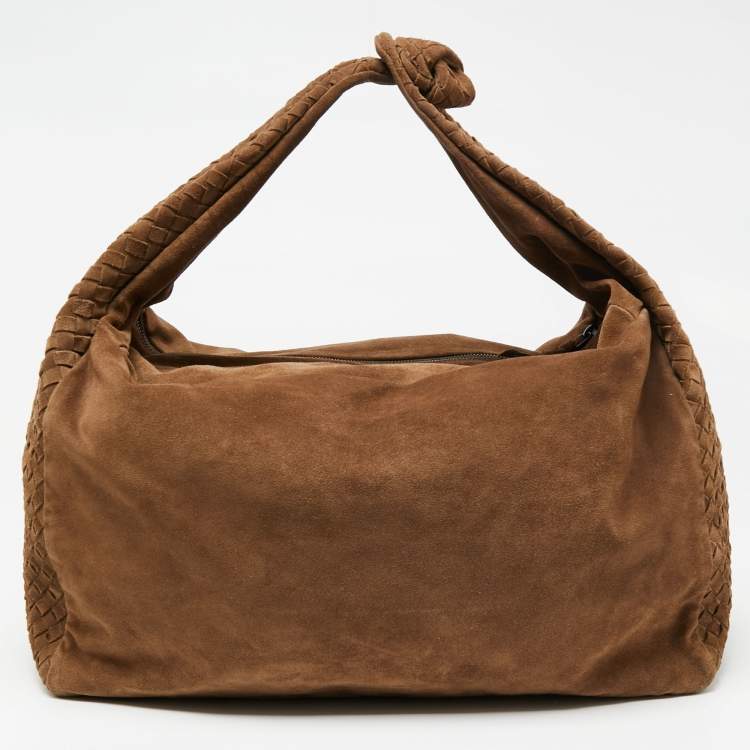 Pre Owned Bottega Veneta Brown Intrecciato Suede Knot Hobo