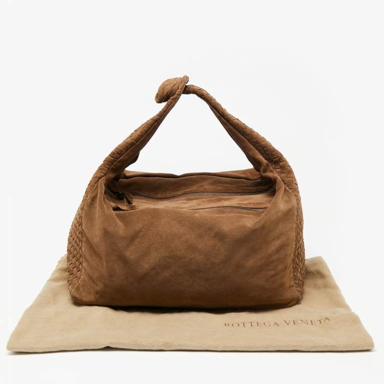 Pre Owned Bottega Veneta Brown Intrecciato Suede Knot Hobo