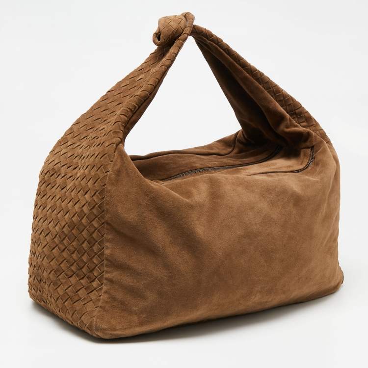 Pre Owned Bottega Veneta Brown Intrecciato Suede Knot Hobo