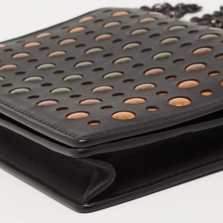 Pre Owned Bottega Veneta Black Leather Embellished Flap Wallet On Chain