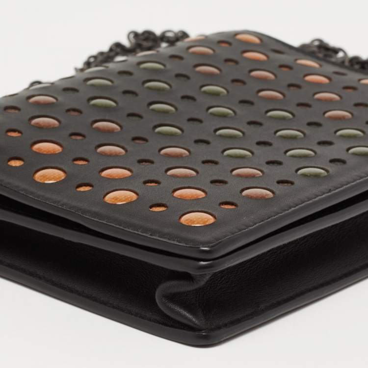 Pre Owned Bottega Veneta Black Leather Embellished Flap Wallet On Chain