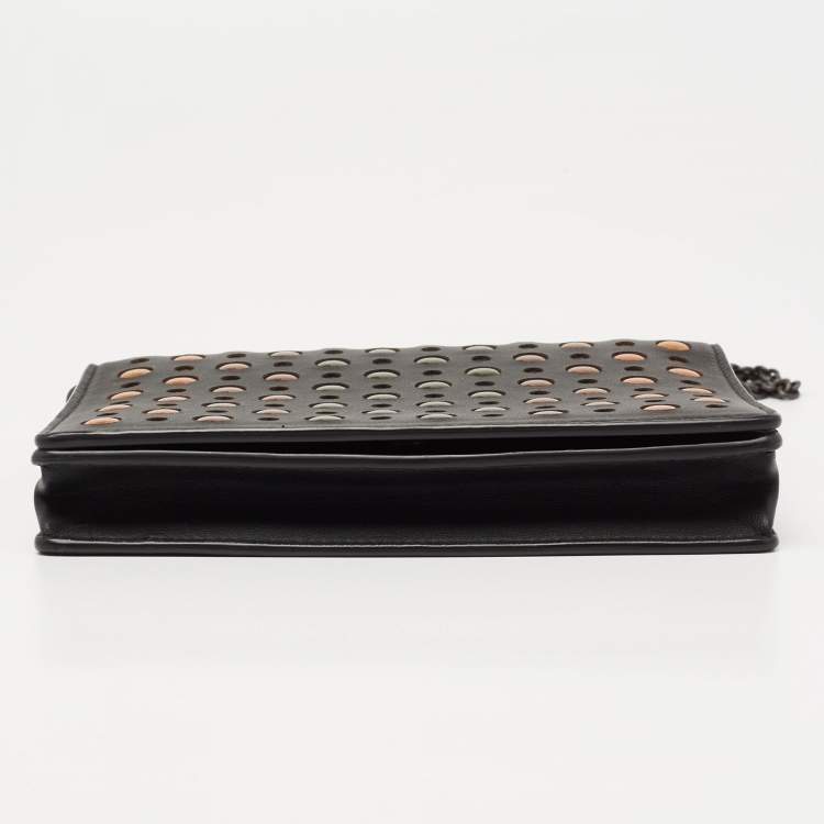 Pre Owned Bottega Veneta Black Leather Embellished Flap Wallet On Chain