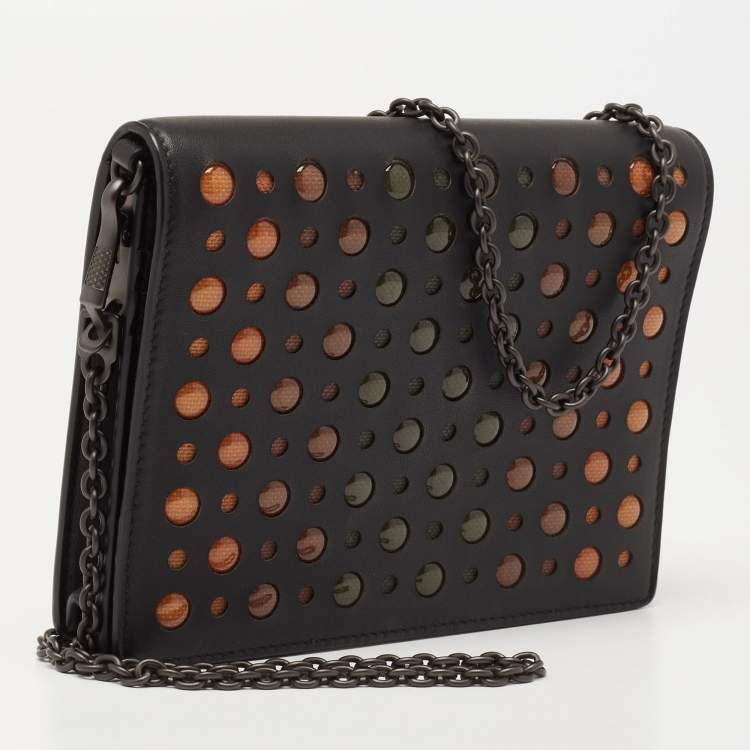 Pre Owned Bottega Veneta Black Leather Embellished Flap Wallet On Chain