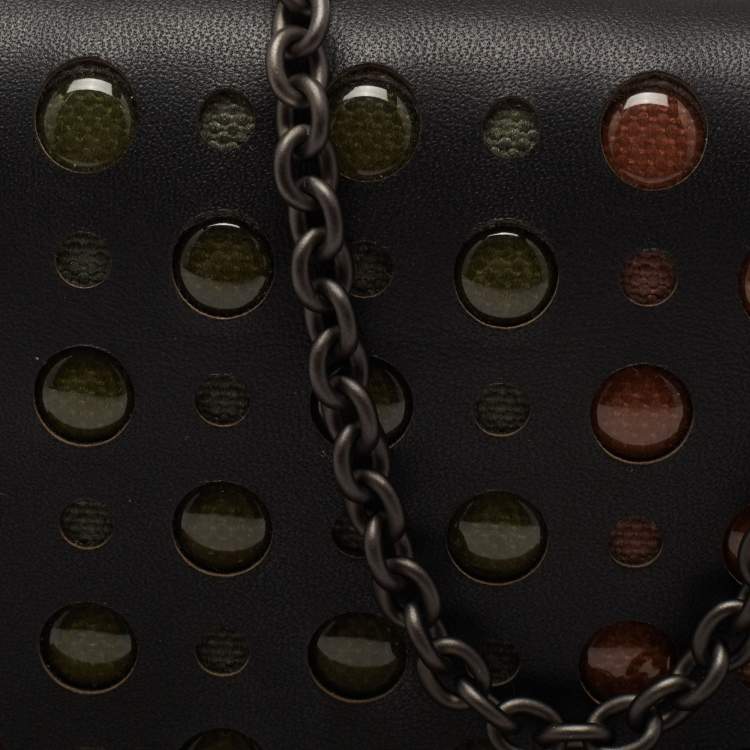 Pre Owned Bottega Veneta Black Leather Embellished Flap Wallet On Chain