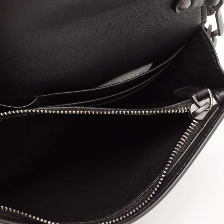 Pre Owned Bottega Veneta Black Leather Embellished Flap Wallet On Chain