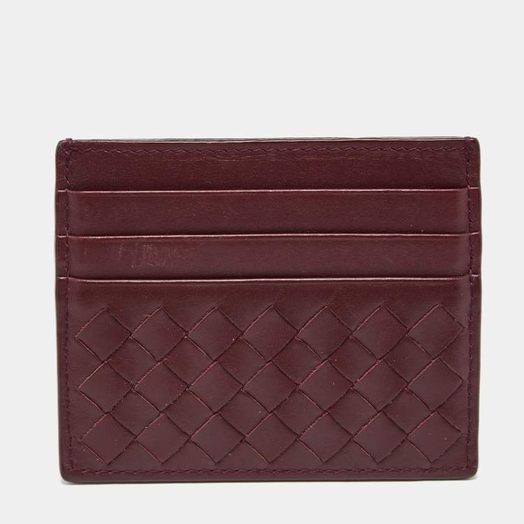 Pre Owned Bottega Veneta Burgundy Intrecciato Leather Card Holder