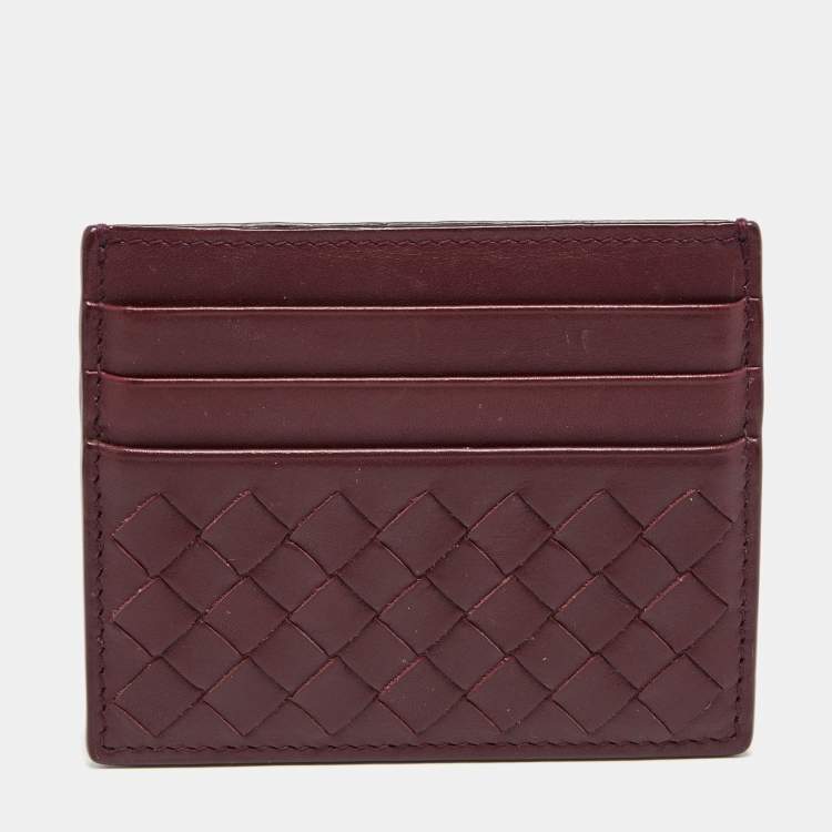 Pre Owned Bottega Veneta Burgundy Intrecciato Leather Card Holder