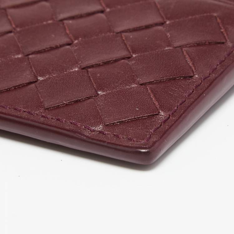 Pre Owned Bottega Veneta Burgundy Intrecciato Leather Card Holder
