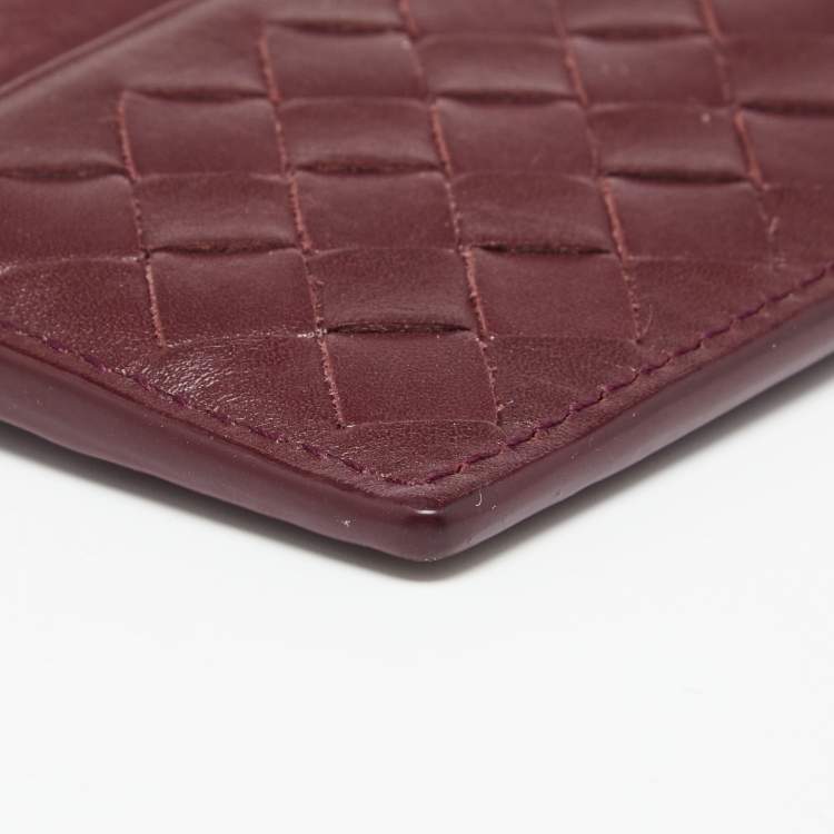 Pre Owned Bottega Veneta Burgundy Intrecciato Leather Card Holder