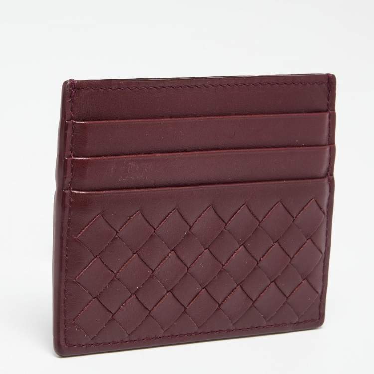 Pre Owned Bottega Veneta Burgundy Intrecciato Leather Card Holder