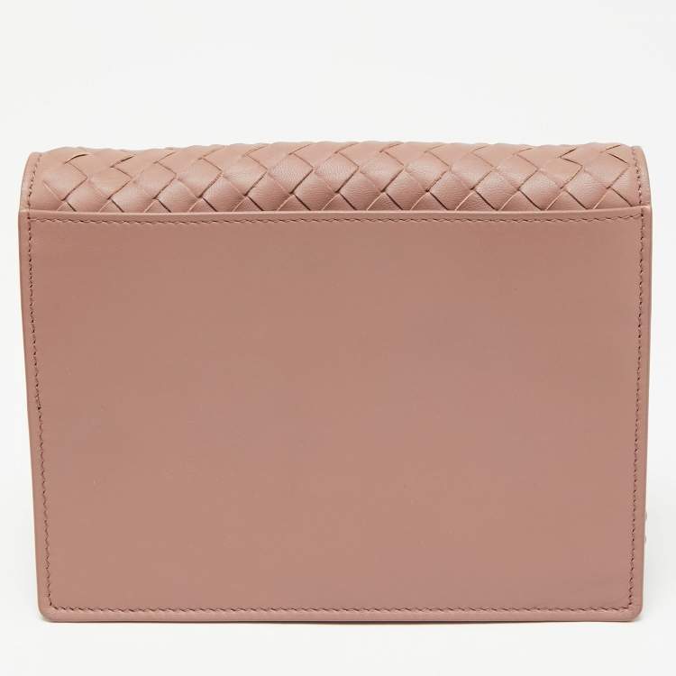 Pre Owned Bottega Veneta Old Rose Intrecciato Leather Wallet on Chain