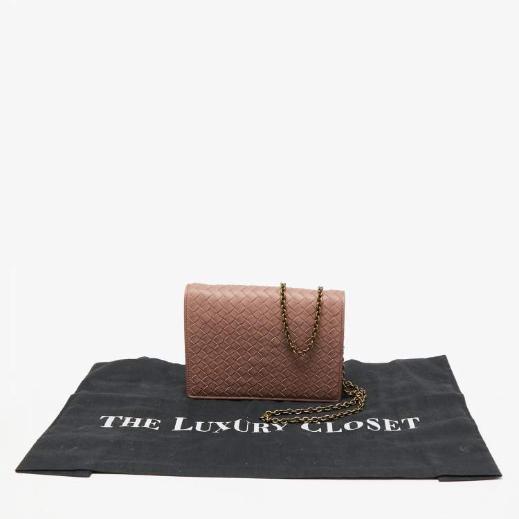Pre Owned Bottega Veneta Old Rose Intrecciato Leather Wallet on Chain
