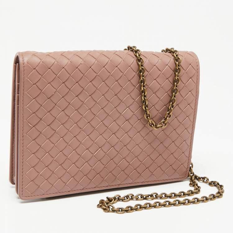 Pre Owned Bottega Veneta Old Rose Intrecciato Leather Wallet on Chain