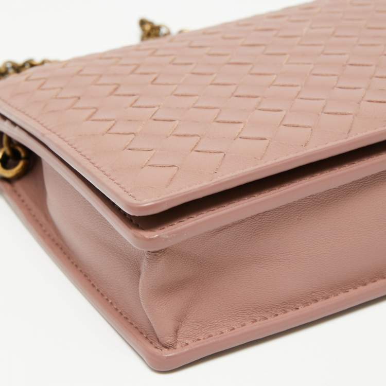 Pre Owned Bottega Veneta Old Rose Intrecciato Leather Wallet on Chain
