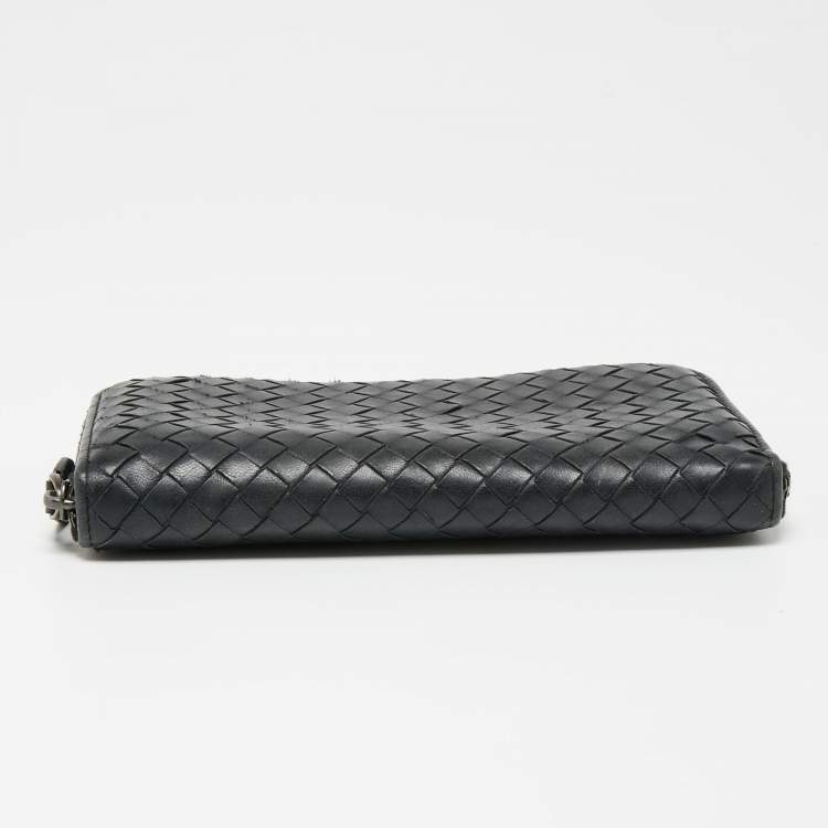 Pre Owned Bottega Veneta Black Intrecciato Leather Zip Around Wallet