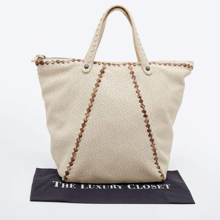 Pre Owned Bottega Veneta Cream/Brown Perforated Deerskin Top Zip Tote