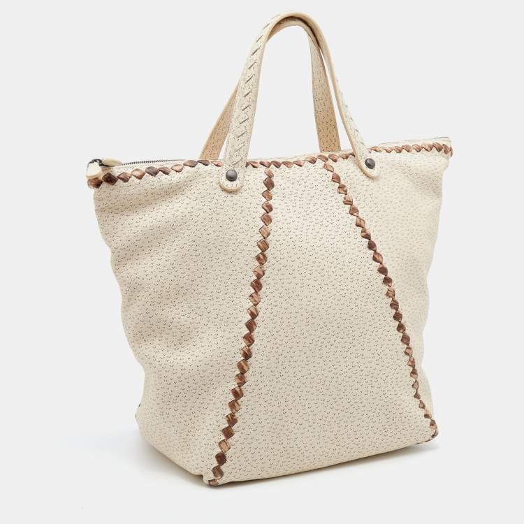 Pre Owned Bottega Veneta Cream/Brown Perforated Deerskin Top Zip Tote