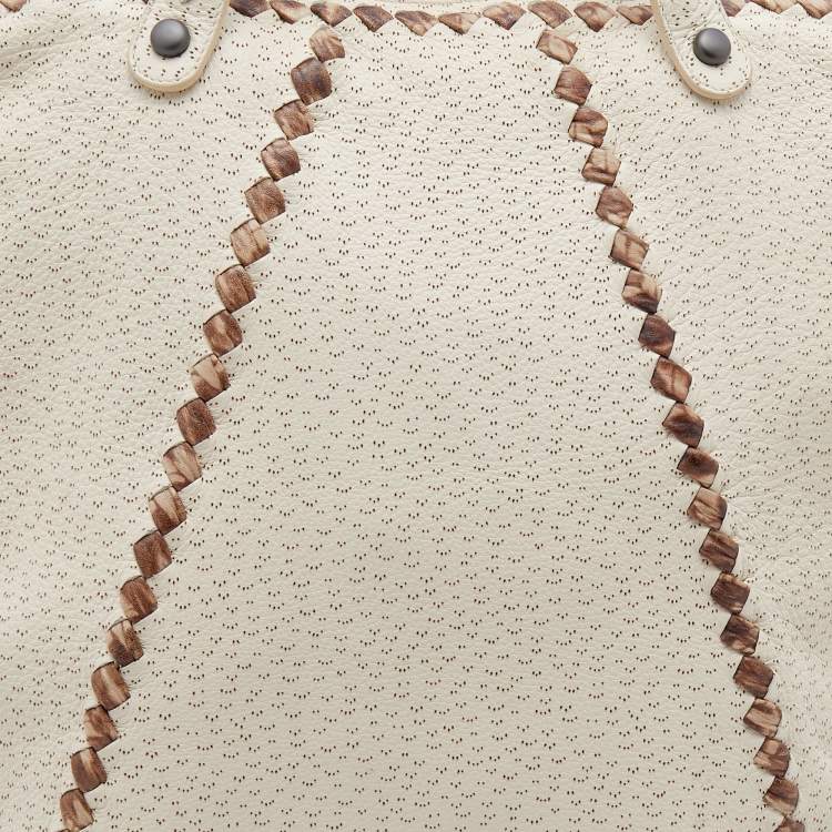 Pre Owned Bottega Veneta Cream/Brown Perforated Deerskin Top Zip Tote