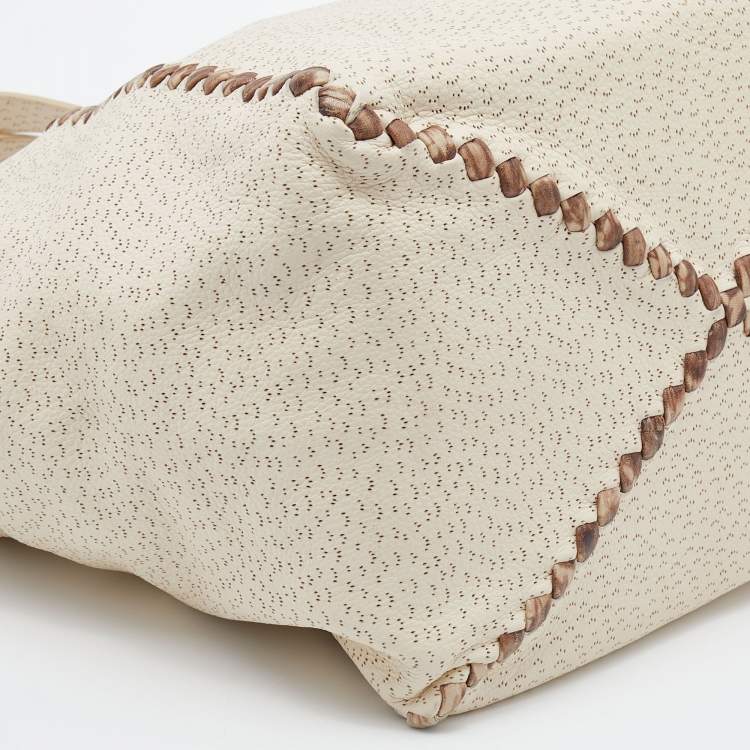 Pre Owned Bottega Veneta Cream/Brown Perforated Deerskin Top Zip Tote