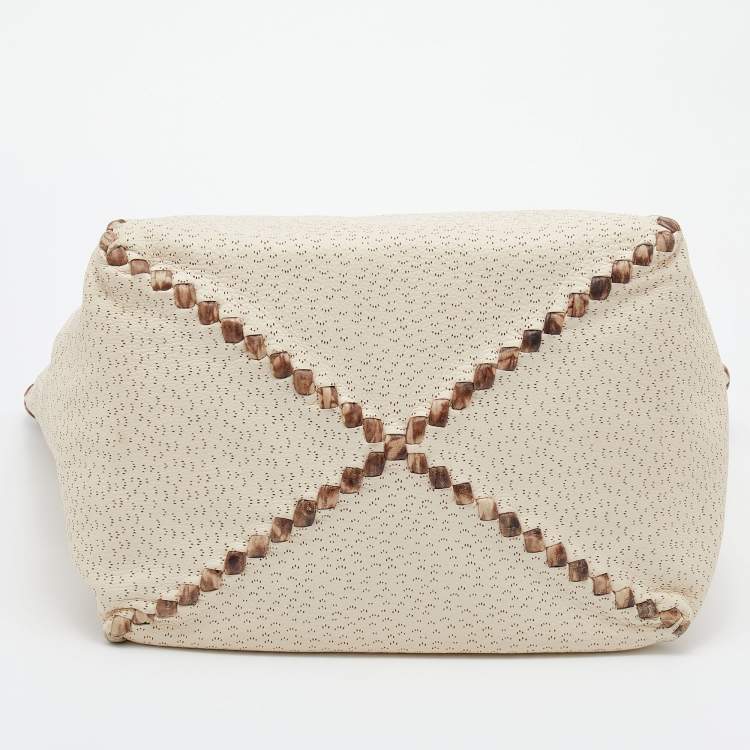 Pre Owned Bottega Veneta Cream/Brown Perforated Deerskin Top Zip Tote