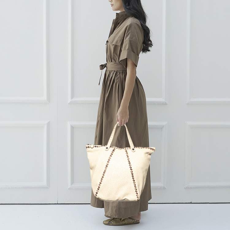 Pre Owned Bottega Veneta Cream/Brown Perforated Deerskin Top Zip Tote