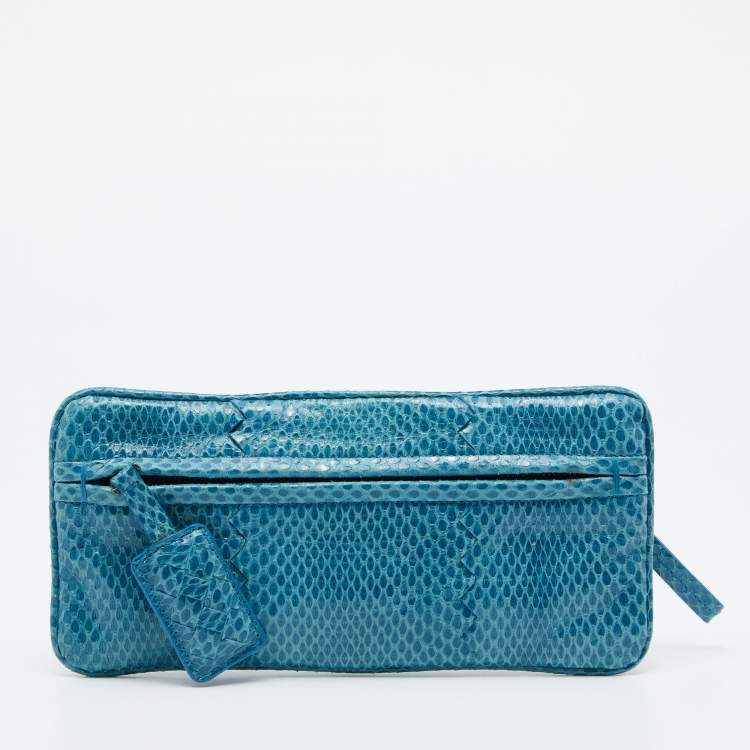 Pre Owned Bottega Veneta Blue Waxed Water Snake Pouch