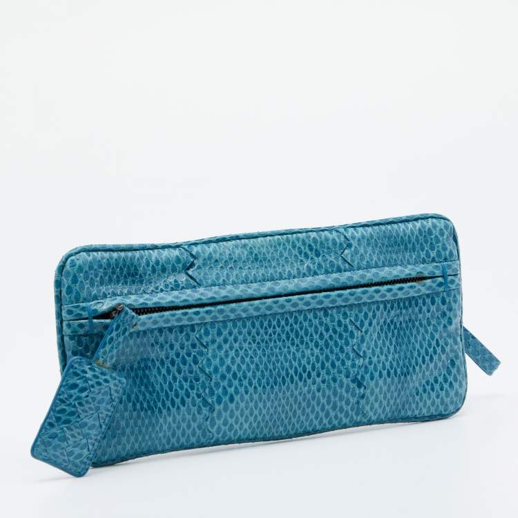 Pre Owned Bottega Veneta Blue Waxed Water Snake Pouch