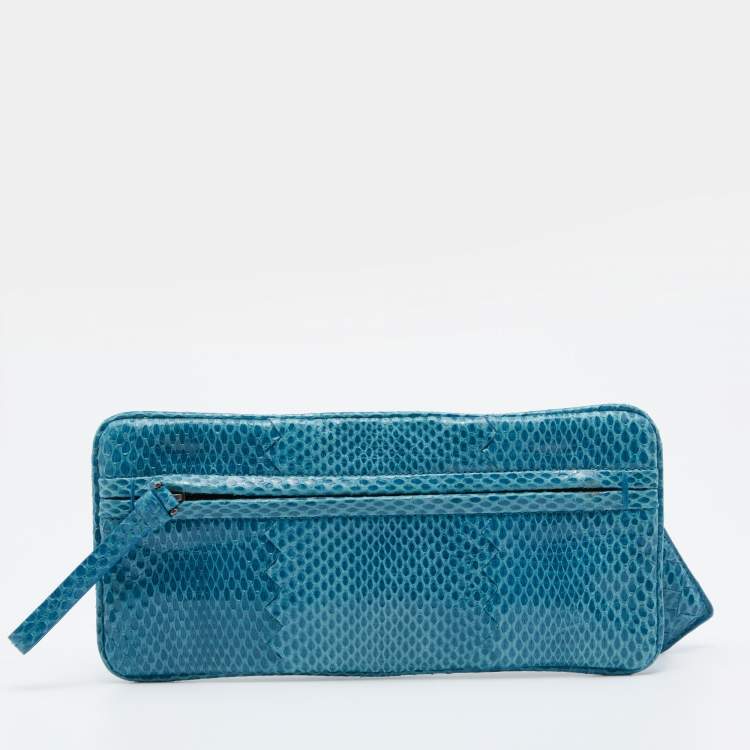 Pre Owned Bottega Veneta Blue Waxed Water Snake Pouch