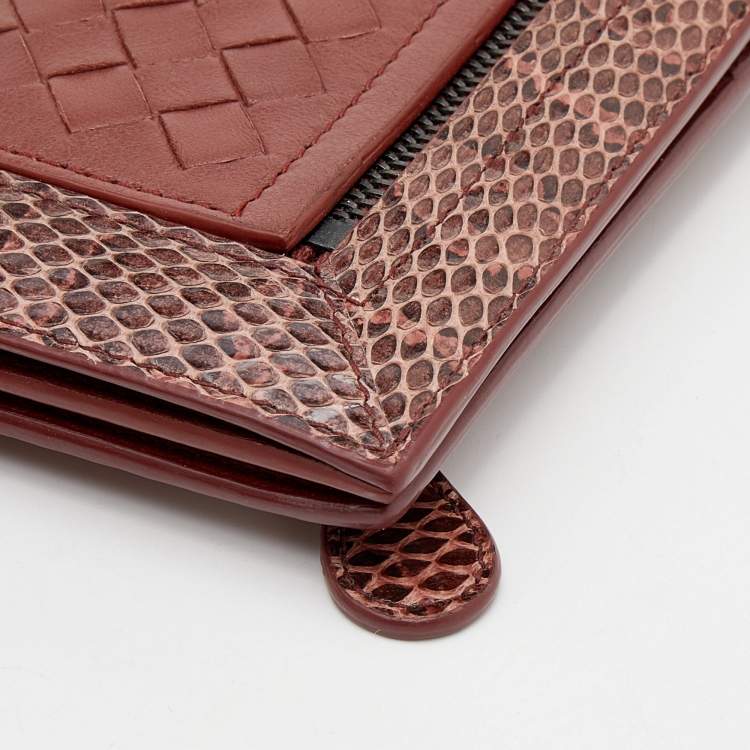 Pre Owned Bottega Veneta Maroon Python and Intrecciato Leather Bifold Wallet