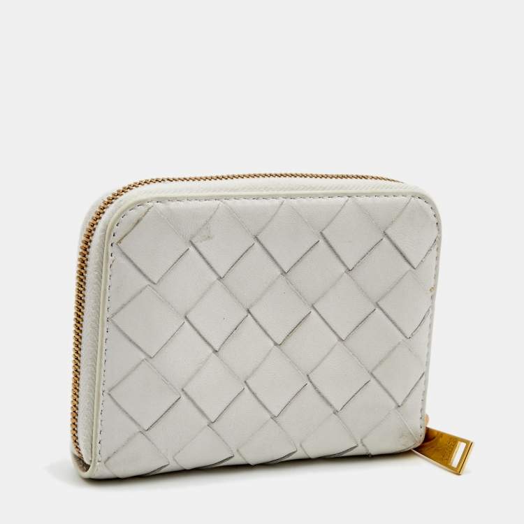 Pre Owned Bottega Veneta Off White Intrecciato Leather Zip Coin Purse
