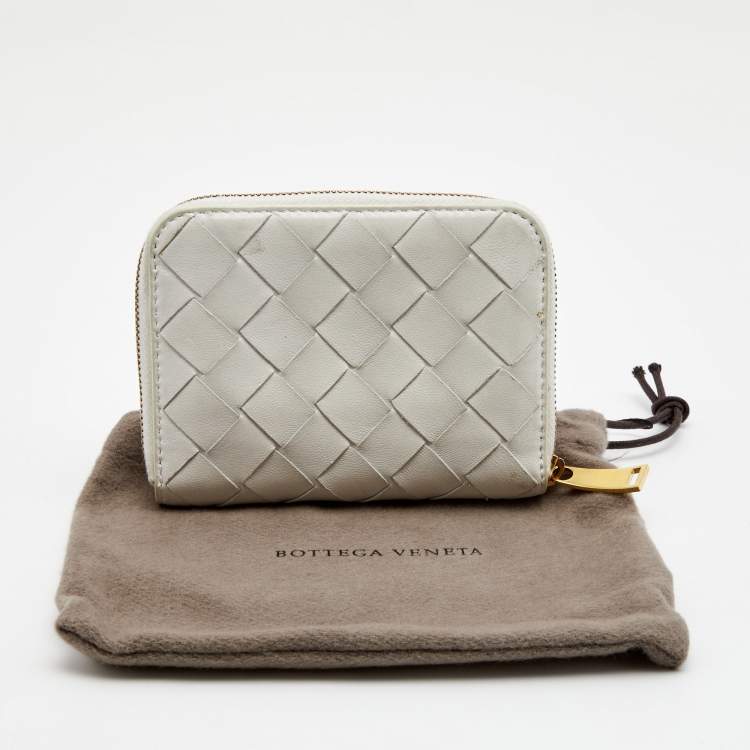 Pre Owned Bottega Veneta Off White Intrecciato Leather Zip Coin Purse