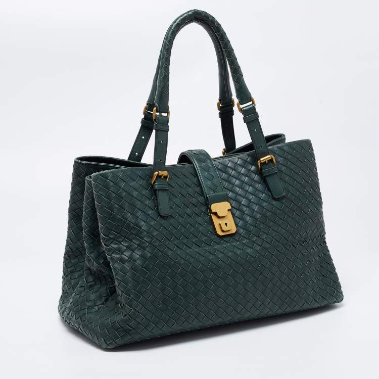 Pre Owned Bottega Veneta Green Intrecciato Leather Medium Roma Tote
