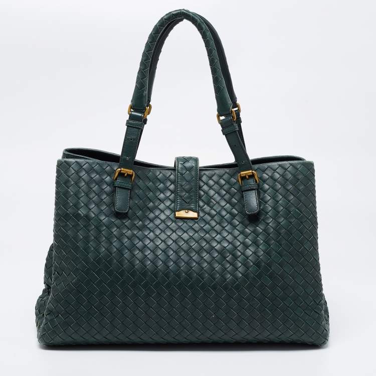 Pre Owned Bottega Veneta Green Intrecciato Leather Medium Roma Tote