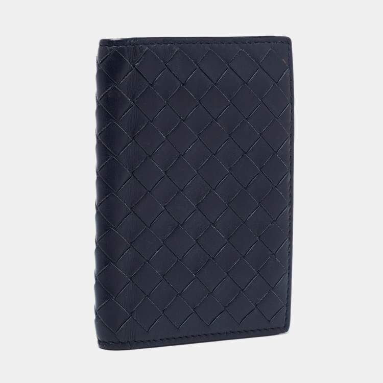 Pre Owned Bottega Veneta Navy Blue Intrecciato Leather Business Card Holder