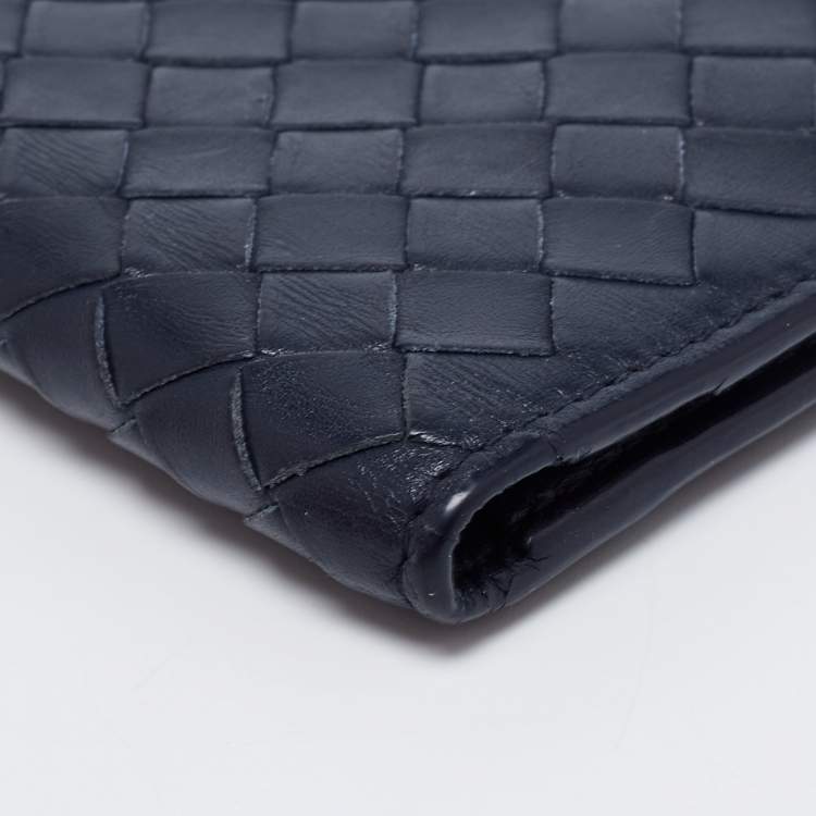 Pre Owned Bottega Veneta Navy Blue Intrecciato Leather Business Card Holder