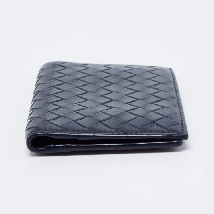 Pre Owned Bottega Veneta Navy Blue Intrecciato Leather Business Card Holder