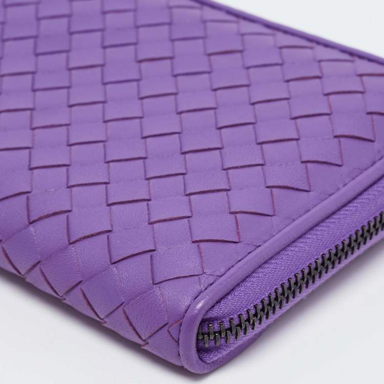 Pre Owned Bottega Veneta Purple Intrecciato Leather Zip Around Wallet