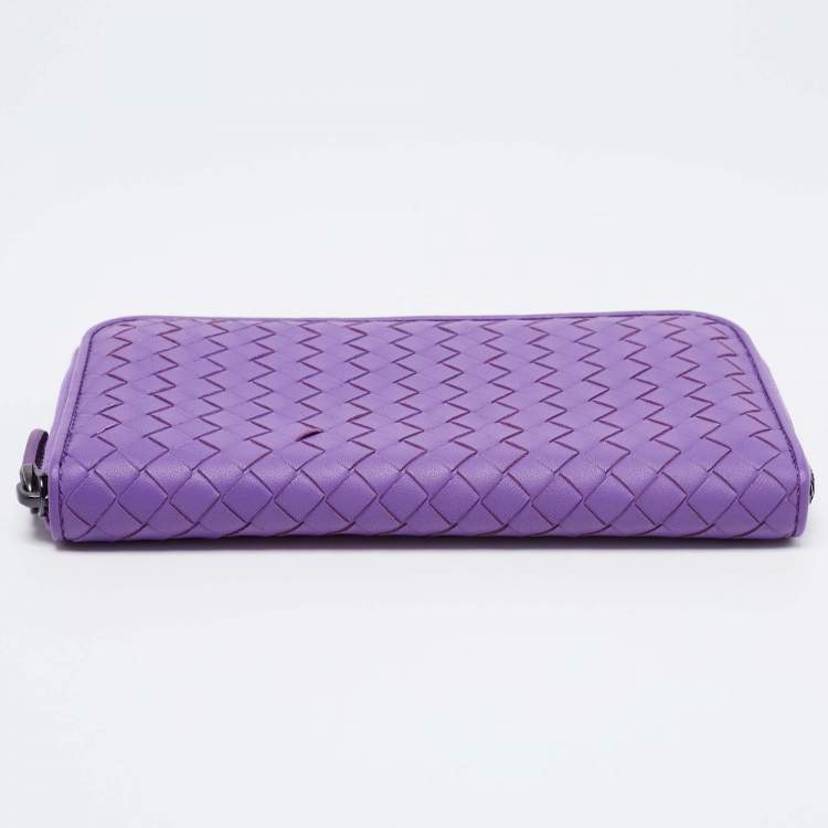 Pre Owned Bottega Veneta Purple Intrecciato Leather Zip Around Wallet